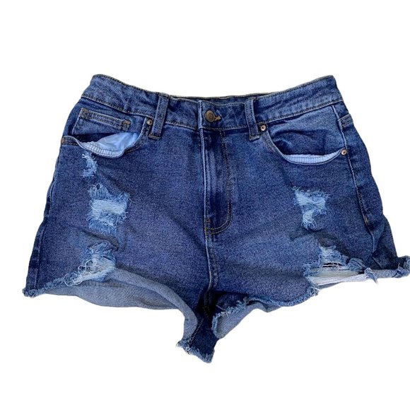 NWOT NO BOUNDARIES Women 28 Juniors 9  High Rise Distressed Stretch Denim Shorts - Picture 1 of 6